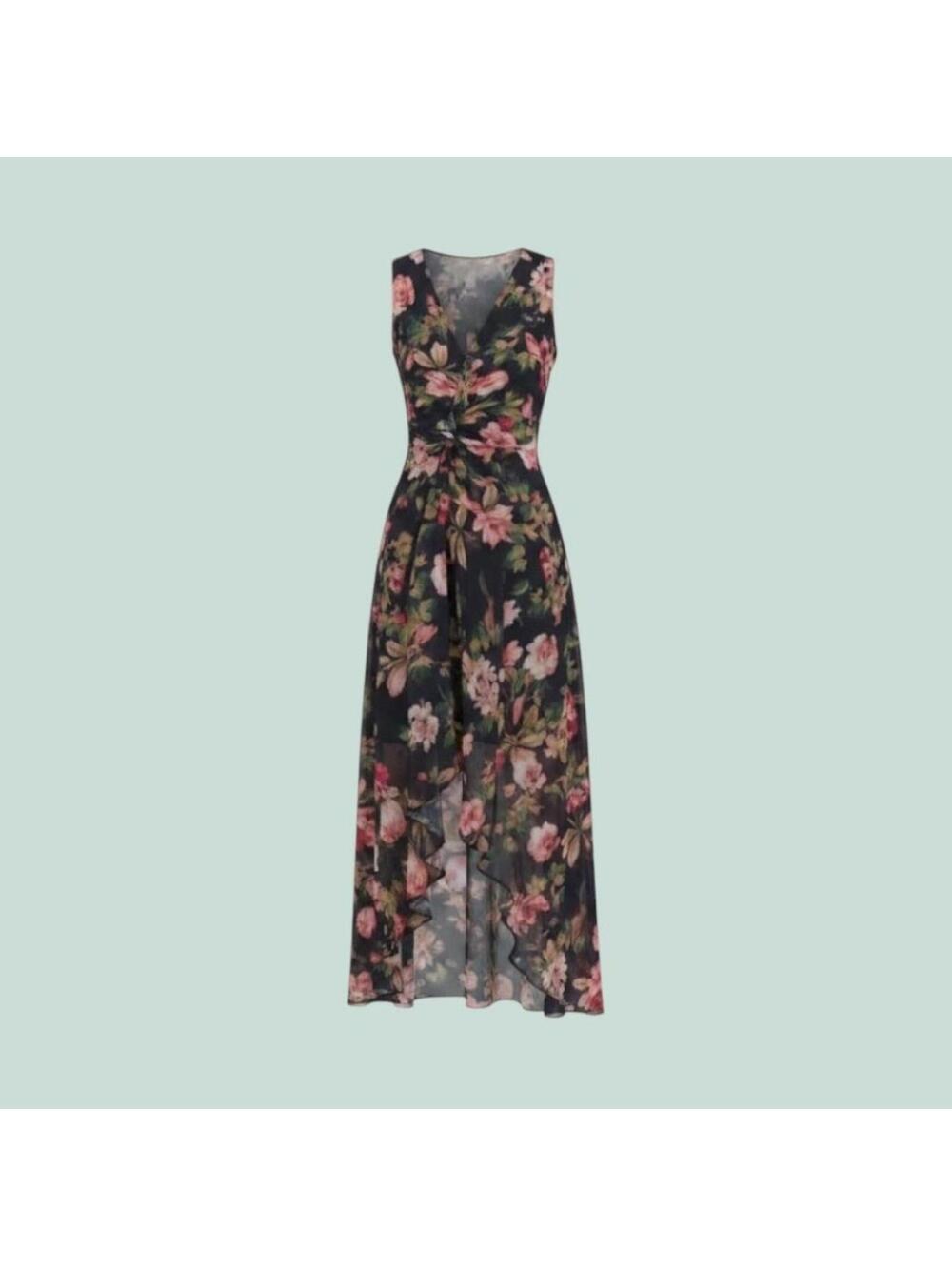 Black and Gold Floral V-Neck High-Low Maxi Dress